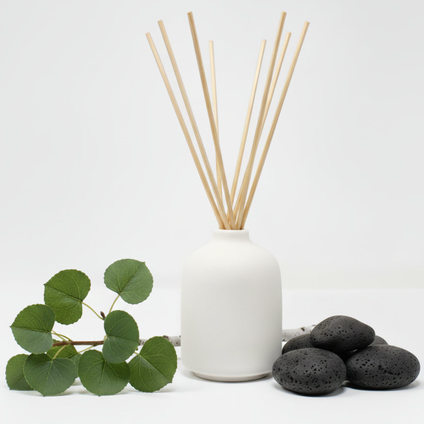 White diffuser bottle with wooden sticks, green leaves, and black stones on a white background