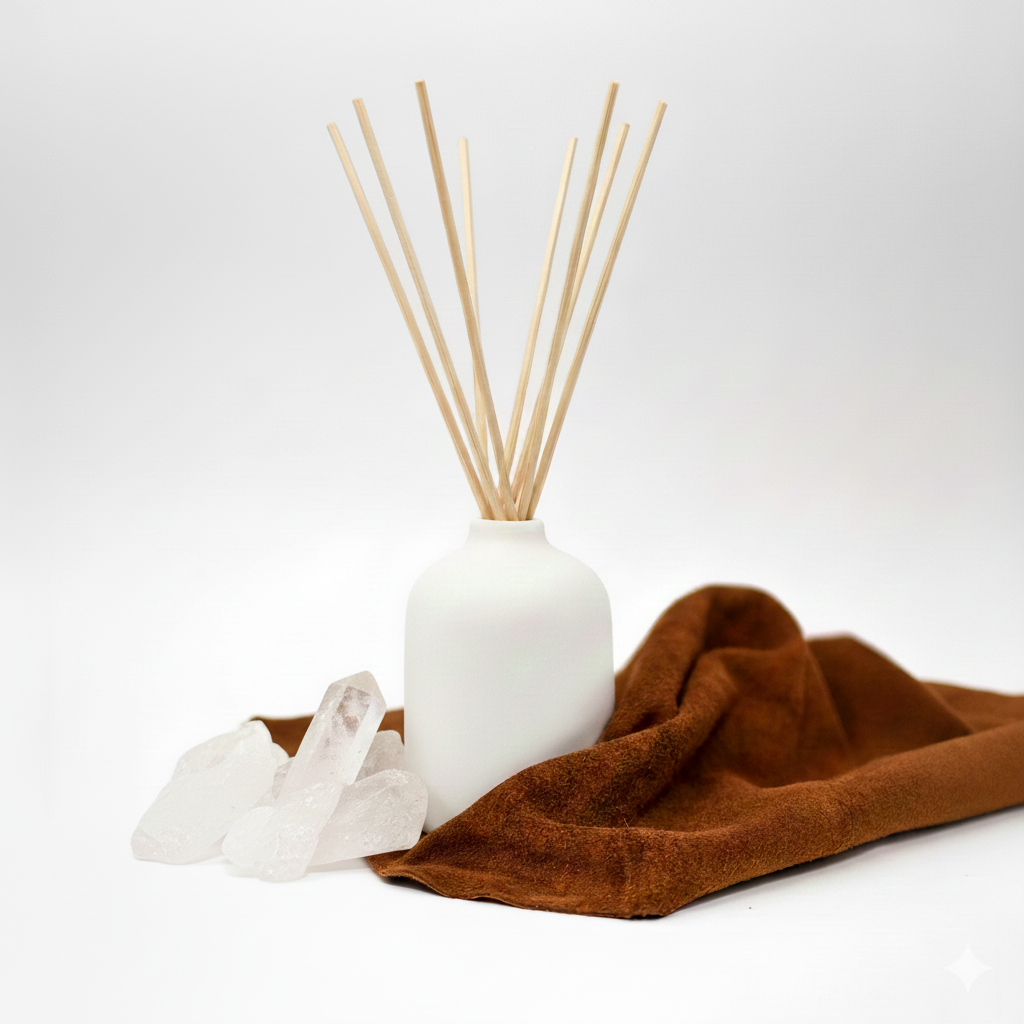 White diffuser with wooden sticks on a white background