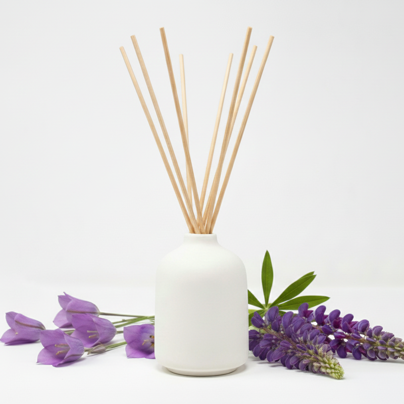White diffuser with wooden sticks and purple flowers on a white background